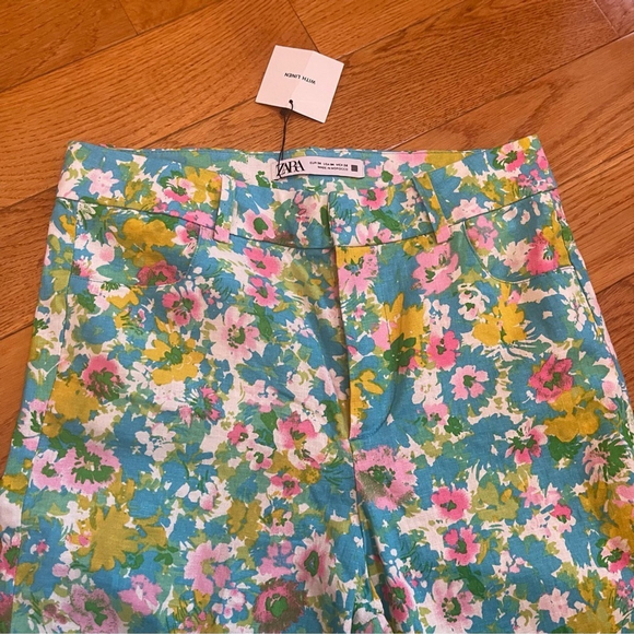 Zara High-Waisted Retro Floral Kick Flare Linen Pants Disco Cottagecore Sz 4